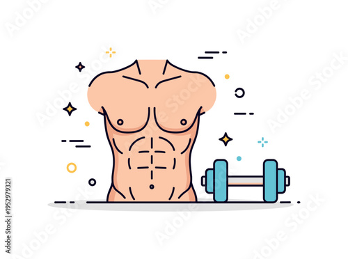 Defined abs home workout theme featuring a toned torso icon paired with a minimal dumbbell and small motion accents suggesting active training. A motivational