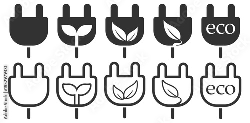 Eco plug icon set, energy and electricity connection symbols with leaf elements, solid style, on transparent background