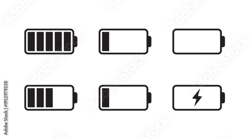 Battery icons set showing different charge levels and charging status with lightning bolt. featuring icon, power, energy with electricity and