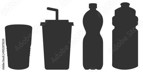 Disposable drink cup and bottle icons set, plastic beverage containers and takeaway symbols, solid and outline design, on transparent background