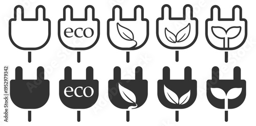 Eco electric plug icons set, energy power connection symbols with leaf elements, solid and outline design, on transparent background