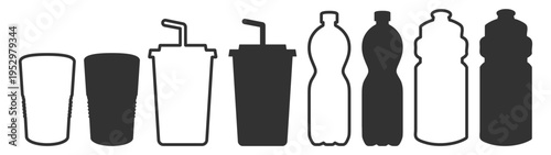 Disposable cup and bottle icon set, beverage containers and takeaway drink symbols, outline style, on transparent background