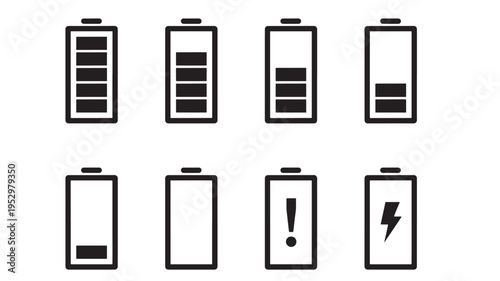 Battery level icons with varying charge, low battery warning, and charging symbols. featuring icon, full, empty with power and symbol elements for