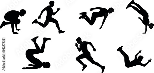 Set of athlete silhouettes isolated on white background showing running jumping and dynamic action poses for sports fitness training design projects