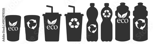 Eco recycle cup and bottle icons, beverage packaging symbols, flat outline set, collection on transparent background