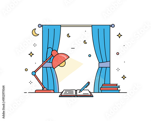 Cozy evening writing desk illustrated with a glowing lamp and closed curtains framing a simple notebook, expressing quiet concentration and late