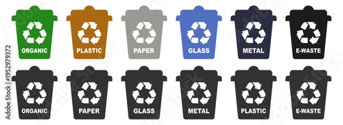 Recycling trash bin icons for waste segregation, organic plastic paper glass metal containers, outline flat set on transparent background