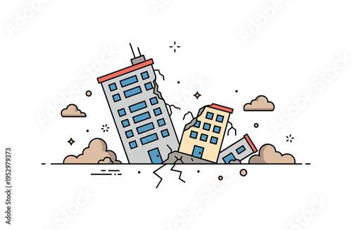 Earthquake destroyed buildings scattered concrete slabs and a tilted apartment block forming a compact scene that conveys sudden disaster and structural