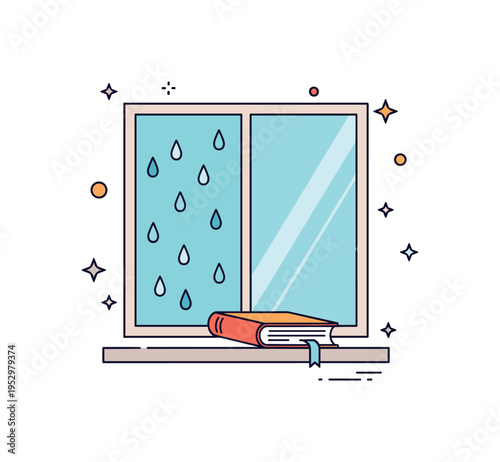 Rainy day reading scene with a window showing soft raindrops and a book resting on a windowsill expressing calm solitude and reflective mood. Gentle decorative