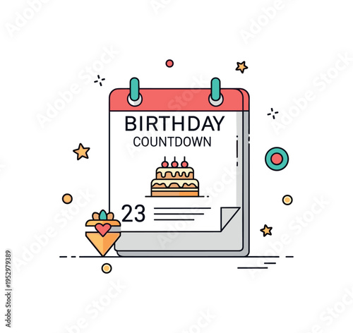 Birthday countdown theme built around a calendar page with a small cake icon and highlighted date, expressing anticipation, planning, and excitement for the