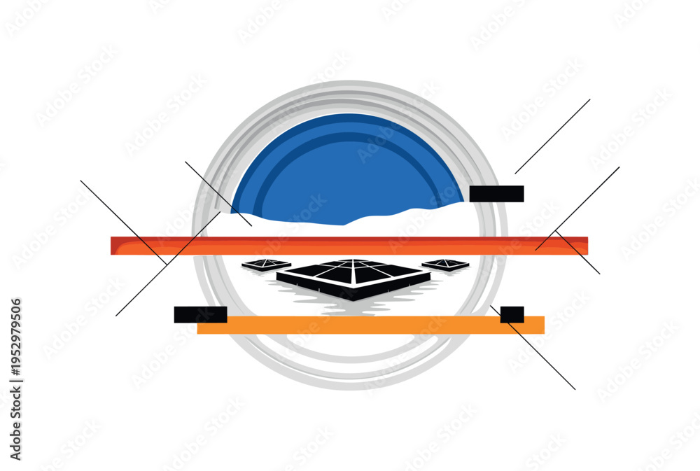 Fototapeta premium Black and white reservoir landscape simplified into layered shapes with floating solar platforms centered, bold blue semicircle framing the sky and orange