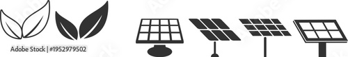 Leaf icons and solar panels icons set on transparent background