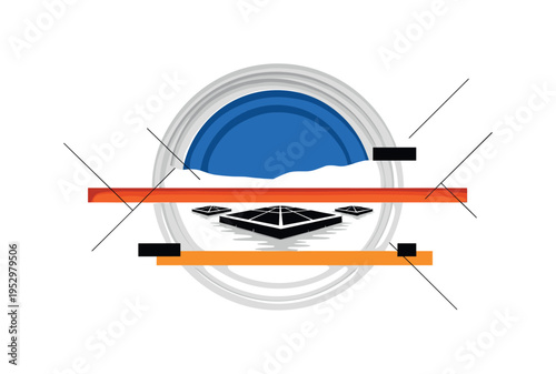 Black and white reservoir landscape simplified into layered shapes with floating solar platforms centered, bold blue semicircle framing the sky and orange