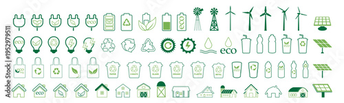 Eco energy and renewable icons set, recycle power battery solar wind symbols, outline line collection on transparent background