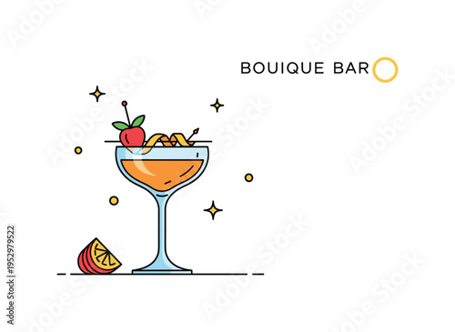 Craft cocktail presentation elegant coupe glass with decorative fruit twist and subtle garnish detail, expressing boutique bar culture and aesthetic