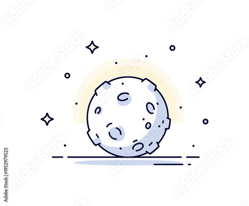 Moon glowing in a calm night sky with soft crater details and a few scattered stars arranged around it. The composition conveys serenity, mystery, and quiet