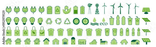 Eco energy and renewable icons set, recycle power battery solar wind symbols, outline line collection on transparent background