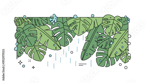 Rainforest canopy view featuring overlapping monstera and banana leaves with tiny water droplets accenting freshness. The composition highlights dense greenery