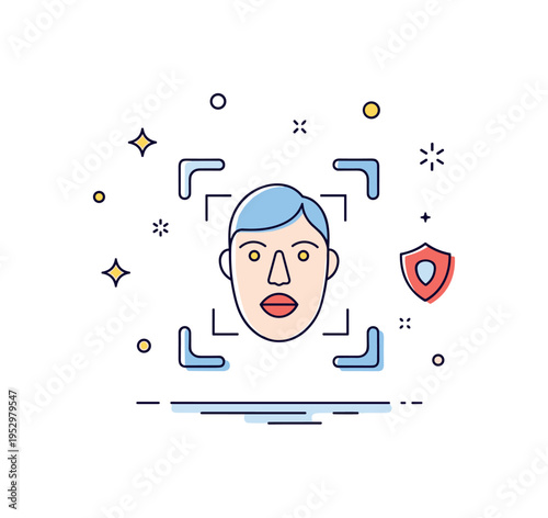 Facial recognition technology in public space illustrated by a stylized camera frame scanning a simplified face icon, expressing advanced analytics,