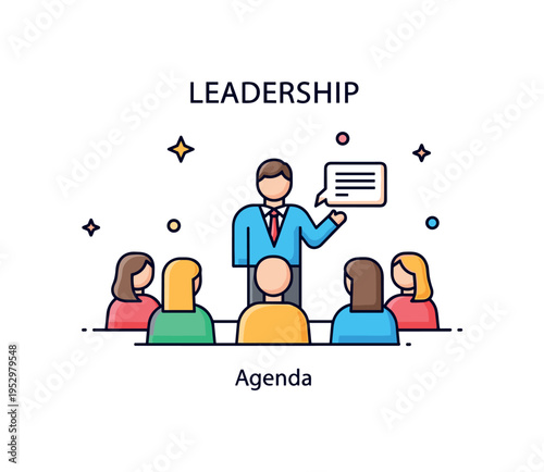 Leadership meeting concept with a central figure addressing a small group symbolizing guidance, authority, and strategic direction. A short word Agenda adds