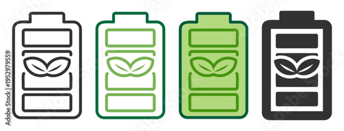 Eco battery energy icon set, green power charge indicator with leaf symbol, outline line collection on transparent background