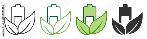 battery energy icon with green leaf symbol for ecology and renewable power on transparent background