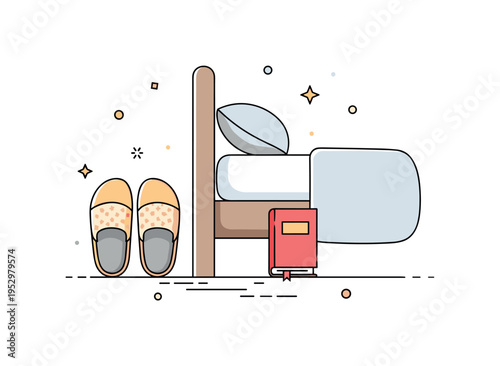 Slippers at bedside home relaxation scene featuring cozy slippers placed neatly next to a bed edge with a small book icon resting nearby. The illustration