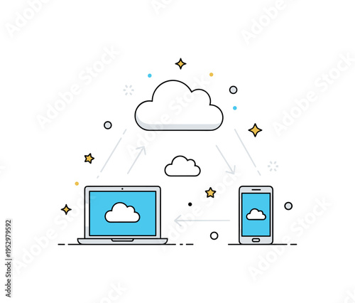 Cloud connected devices laptop, tablet and smartphone linked by thin cloud lines in a compact triangular layout, expressing synchronized workflow and cross