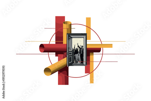 Monochrome doorway with people entering and raising arms in greeting, vintage texture, intersected by sharp abstract rectangles and cylindrical shapes in deep