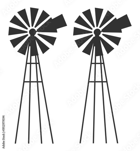 windmill icon with blades and tower, energy turbine for farm and agriculture, renewable power symbol on transparent background