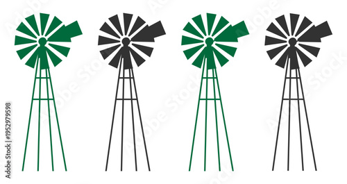Windmill energy icon set, wind turbine renewable power symbols for electricity and environment on transparent background