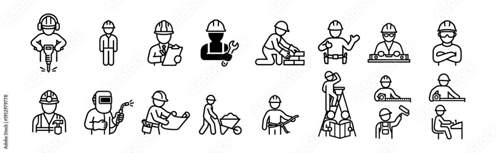 Photos construction worker icons set including builder with jackhammer, engineer, welde