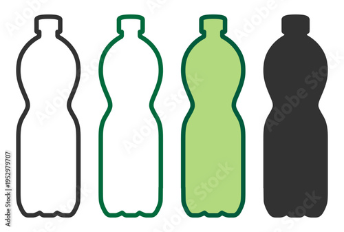 Plastic bottle icons in outline and silhouette style on transparent background