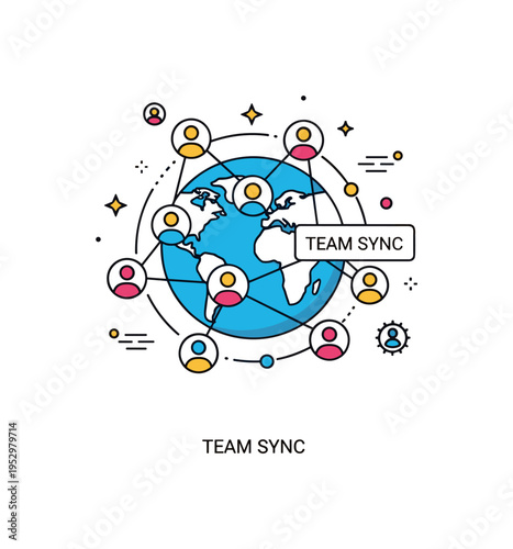 Global remote collaboration showing a globe encircled by tiny profile icons connected with thin lines representing distributed teams and digital synergy. A