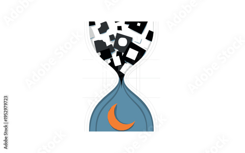 Black and white hourglass where the top chamber contains scattered abstract blocks and the bottom chamber forms a calm blue semicircle, orange crescent moon