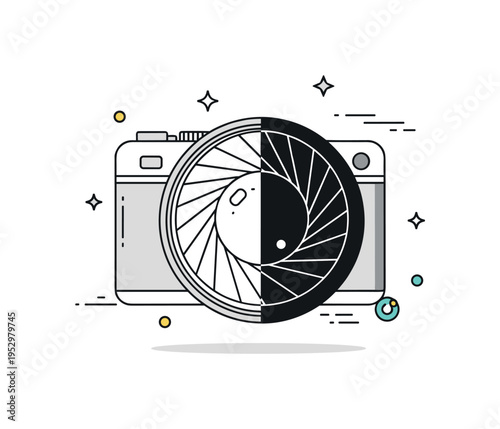 Black and white photography mood expressed through a camera lens divided into light and dark halves with subtle contrast lines. The compact badge style
