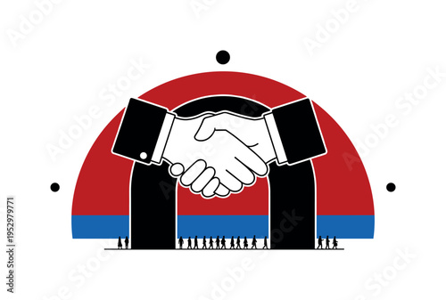 Black and white symbolic oversized handshake forming an archway with small silhouettes walking beneath it, bold red semicircle behind the arch for emphasis,