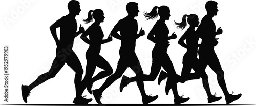 Silhouette illustration of runners group jogging fitness sport exercise health training teamwork outdoor movement community activity graphic artwork