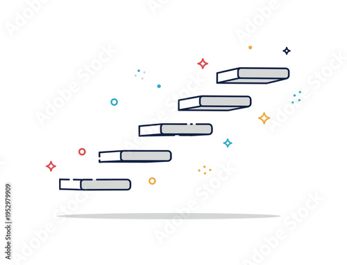 Floating staircase minimalist stair steps suspended in mid air with soft shadow beneath and subtle sparkle accents, expressing modern architecture