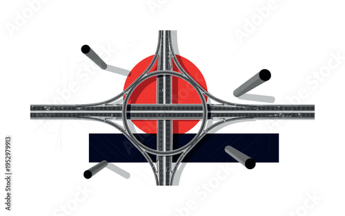 Monochrome top-view of a highway interchange forming circular ramps, high-contrast black and white cut-out with sticker-like white contour, oversized red