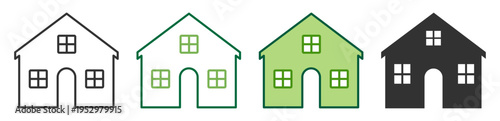 house icon set with four styles including outline, filled, and flat design on transparent background
