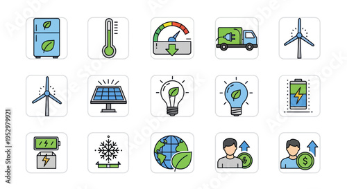 Collection of Eco-Friendly Technology and Sustainability Icons.