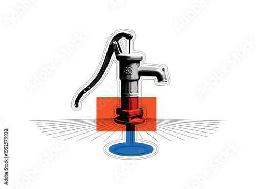 Black and white vintage water pump on surface connected to hidden blue circular reservoir below, bold orange geometric rectangle anchoring the base, thin grid