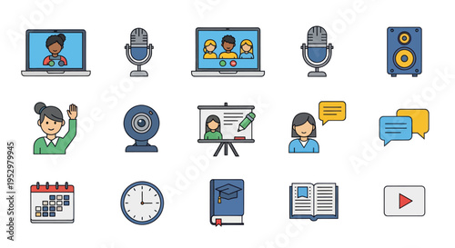 Colorful filled outline icon set for e-learning online meetings and virtual communication.