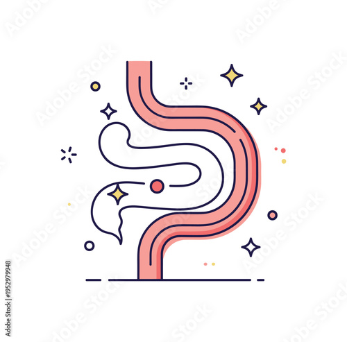 Nutrient absorption in intestines theme represented by a curved intestinal line with small sparkle accents indicating uptake into the body. The scene conveys