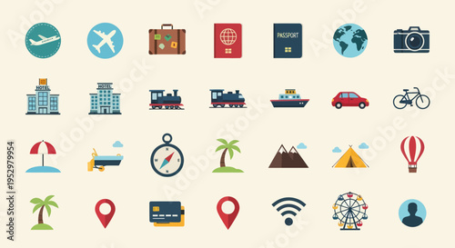 Travel and Tourism Icon Set: Airplane Luggage Passport Globe Camera and More.