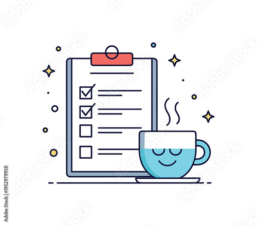 Mindful task planning concept centered on a simple checklist beside a calming cup icon, conveying intentional scheduling, rest awareness, and structured