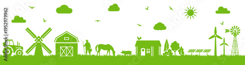 Eco farm agriculture icon set, green rural landscape with tractor barn animals trees windmill and renewable energy symbols on transparent background