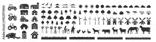 Farm agriculture icon set, rural landscape with tractor barn animals trees windmill and solar symbols on transparent background