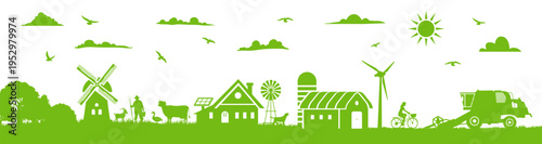Farm and agriculture icon with animals, buildings, and equipment on transparent background